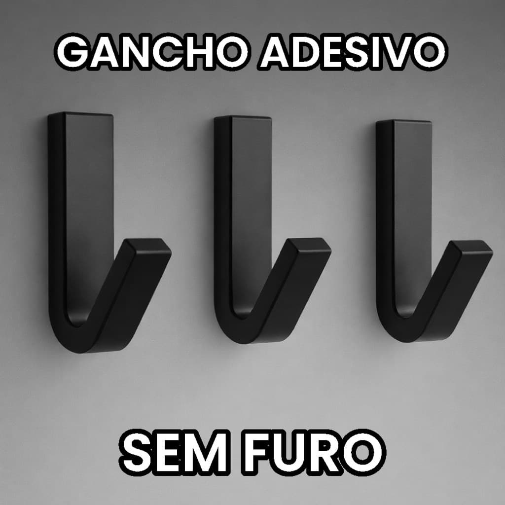 Três ganchos adesivos pretos em forma de U para parede, sem furo, ideal para banheiro e cozinha.
