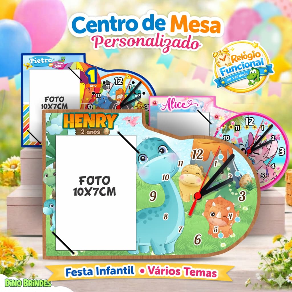 Relógio com porta-retrato personalizado para festa infantil com dinossauro e animais