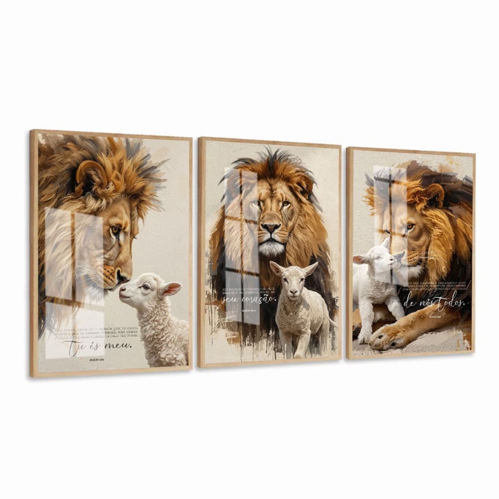 Kit 3 quadros decorativos religiosos com leões e ovelhas em fundo branco