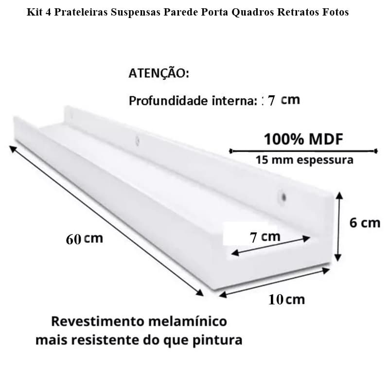 Kit 4 Prateleiras Suspensas Parede Porta Quadros Retratos Fotos Livros Lembranças Objetos MDF Branca 60 x 10cm