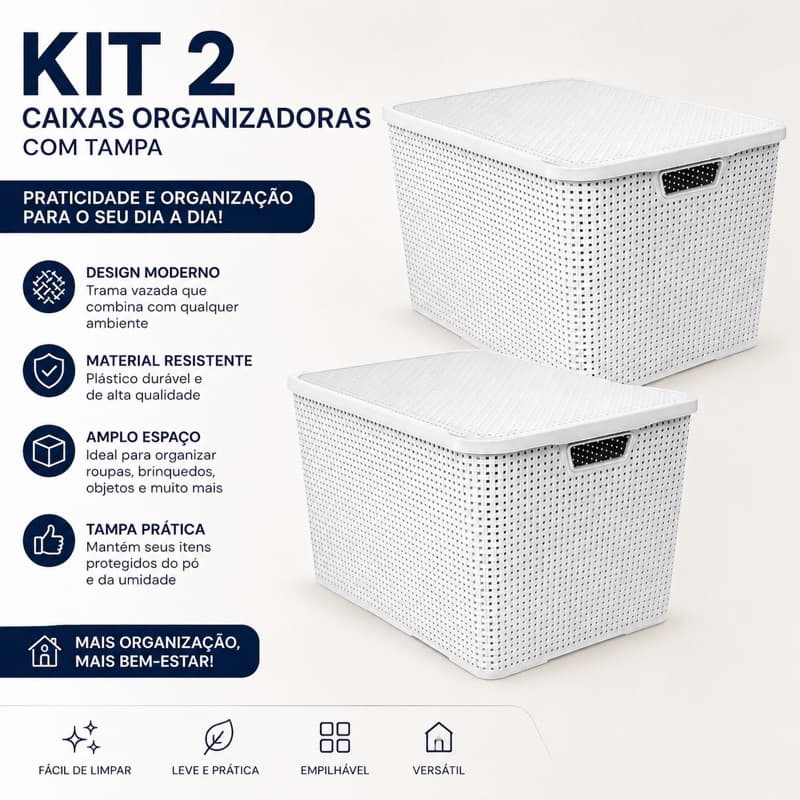 Kit 2 caixas organizadoras brancas com tampas, design moderno, resistente e versátil, ideal para organizar roupas, brinquedos e objetos.