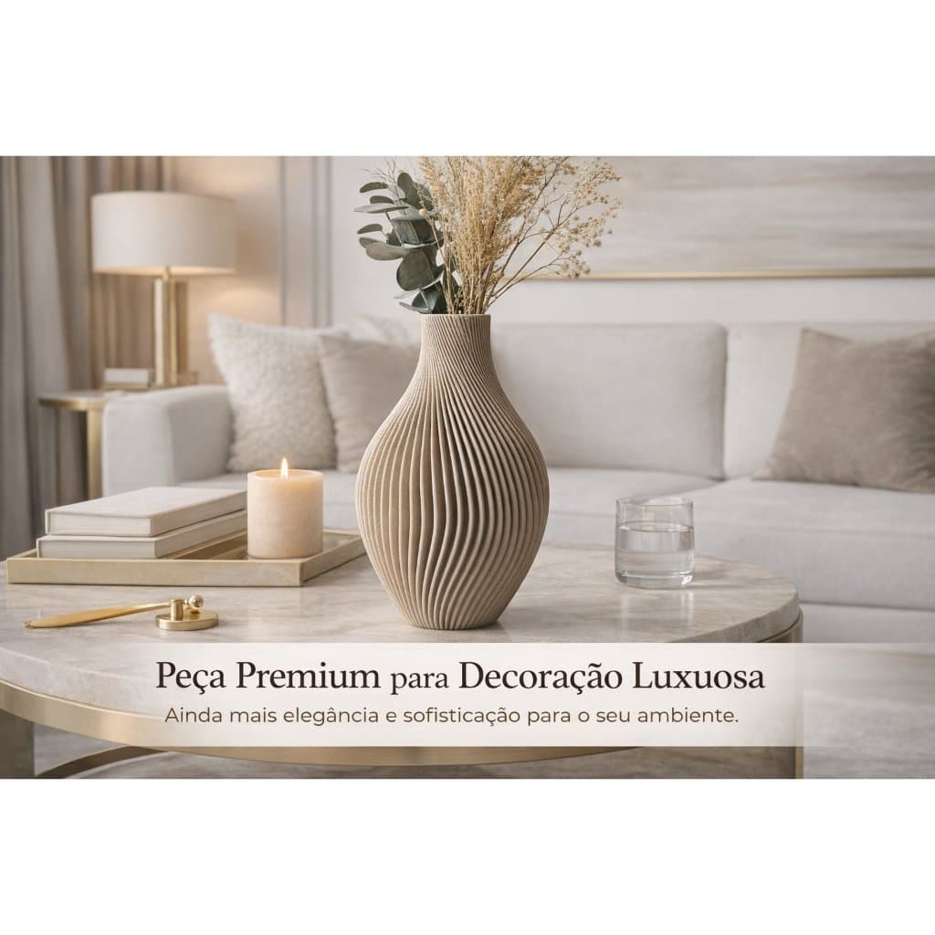 Vaso decorativo texturizado em cerâmica para decoração de sala, com plantas secas, em fundo de sala de estar.