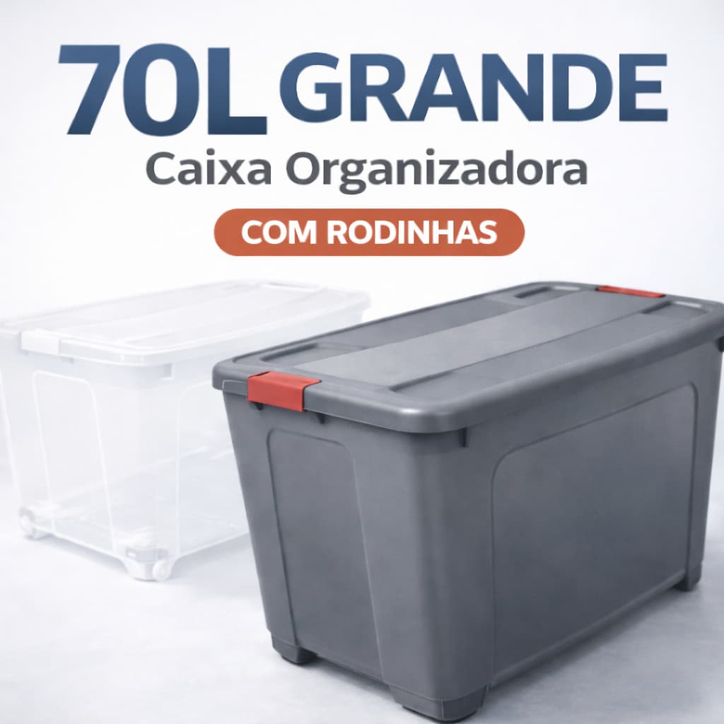Caixa organizadora transparente com rodinhas e trava de 70 litros, cinza com detalhes em vermelho e branco
