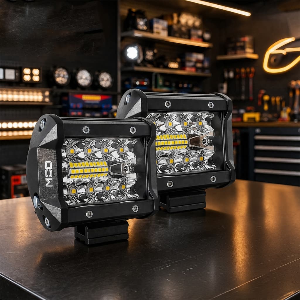 Faróis auxiliares LED com alta iluminação montados em um suporte, oficina ao fundo