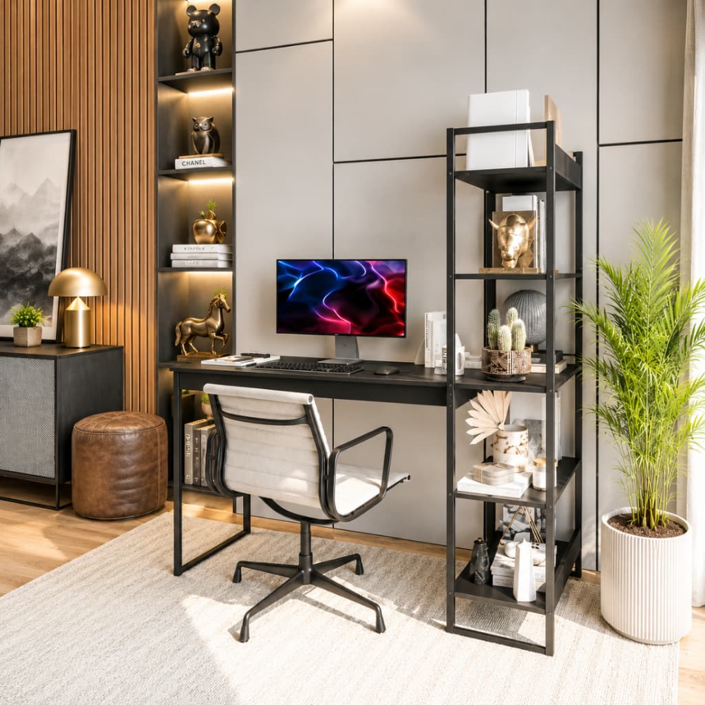 Mesa Escrivaninha Athenas Preta Total com Estante Lateral Home Office Escritório Moderna Industrial Compacta Multiuso