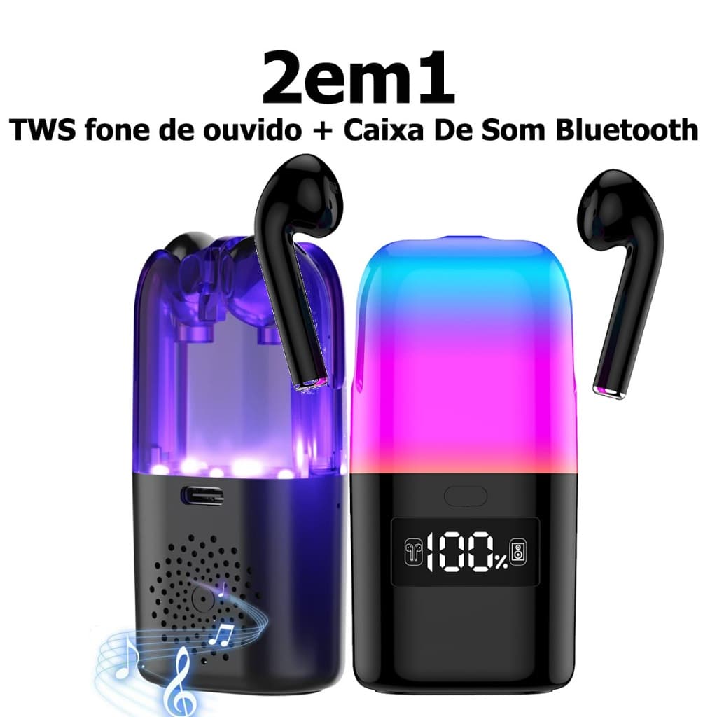 Fone de ouvido TWS e caixa de som Bluetooth 2 em 1 com microfone, LED púrpura e azul, 100% de carga
