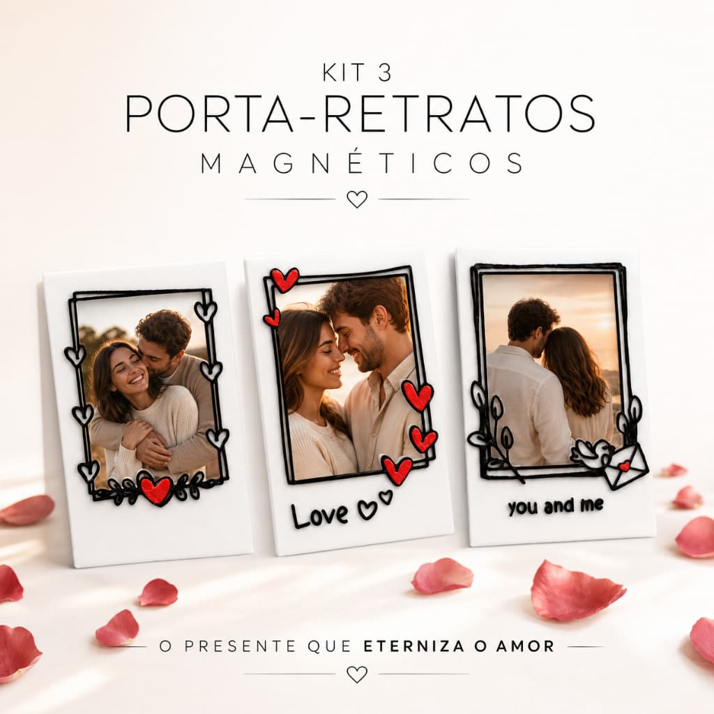 Kit com três porta-retratos magnéticos brancos para geladeira com fotos de casais e texto 'Love' e 'you and me'.