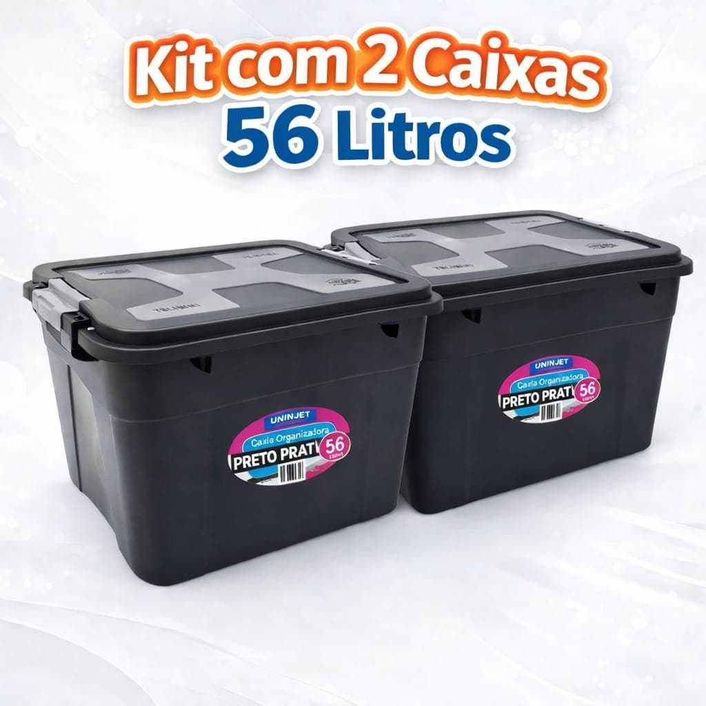 Kit com 2 organizadores pretos de 56 litros com tampas e travas