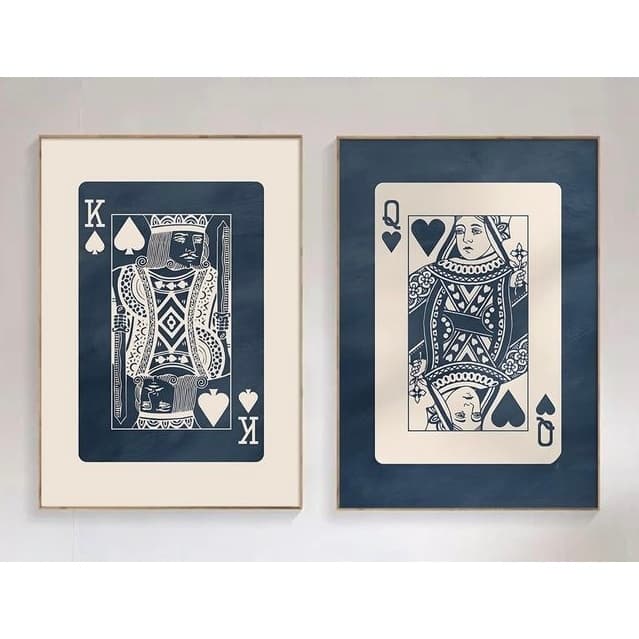 Quadros decorativos Rei de Espadas e Dama de Copas em molduras douradas