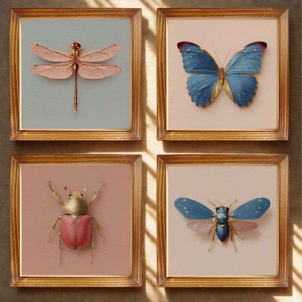 Quadros decorativos com insetos em molduras douradas, rosa, azul e vermelho