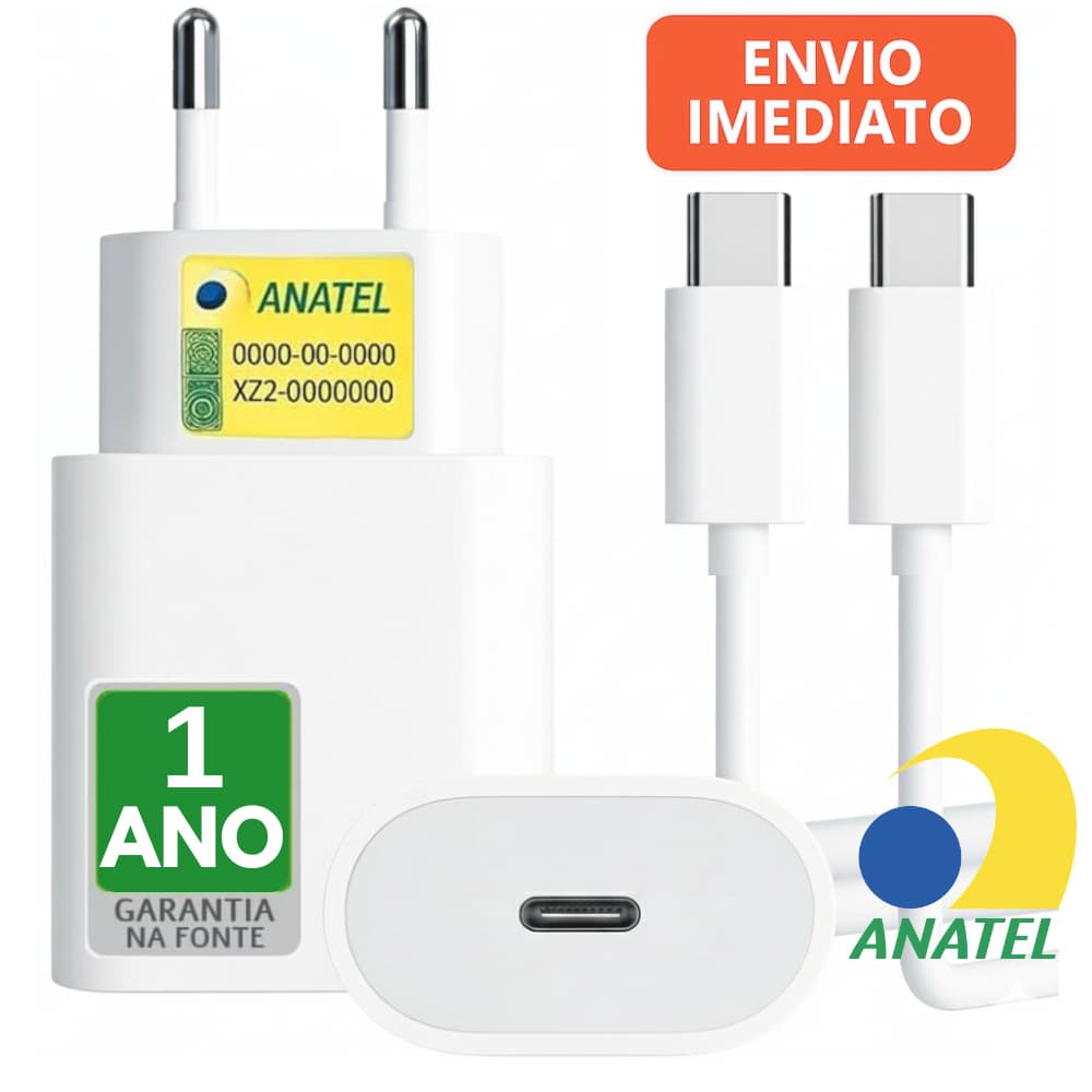 Carregador 25W para Samsung com cabo USB-C branco, etiqueta ANATEL e garantia de 1 ano