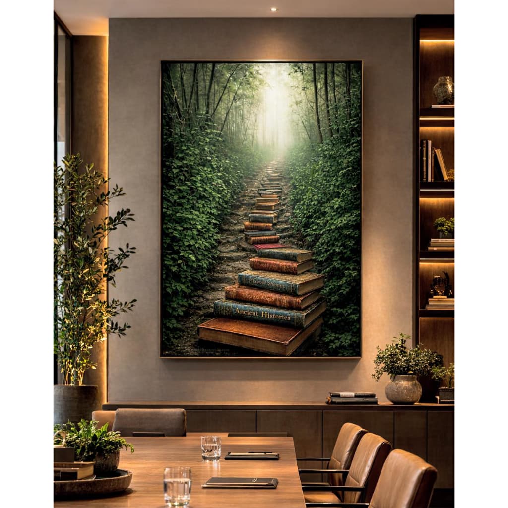Quadro decorativo para sala de estar com livros e vegetação exuberante