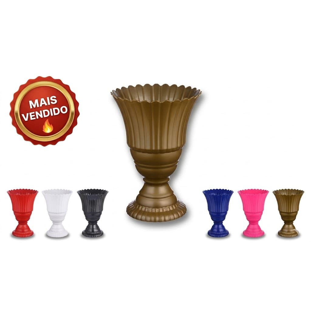 Vasos decorativos de plástico em várias cores, destaque para vaso marrom, selo 'Mais Vendido'.