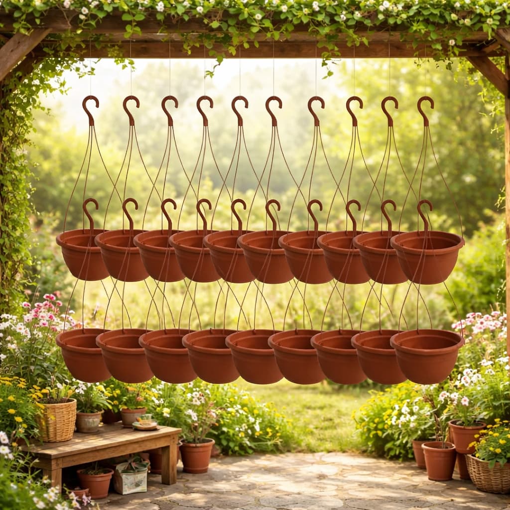 Kit 20 vasos suspensos marrom para jardim, pendurados em ambiente ao ar livre