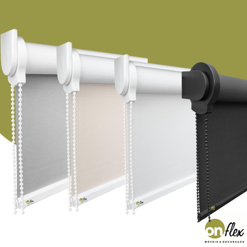 Três persianas rolo sob medida cinza claro, branco e preto blackout com fundo verde