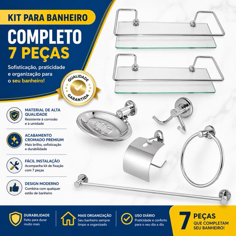 Kit Acessório Para Banheiro 5 Peças Aço Inox Mais Dois Porta Shampoo Reto Ja Com kit Instalaçao