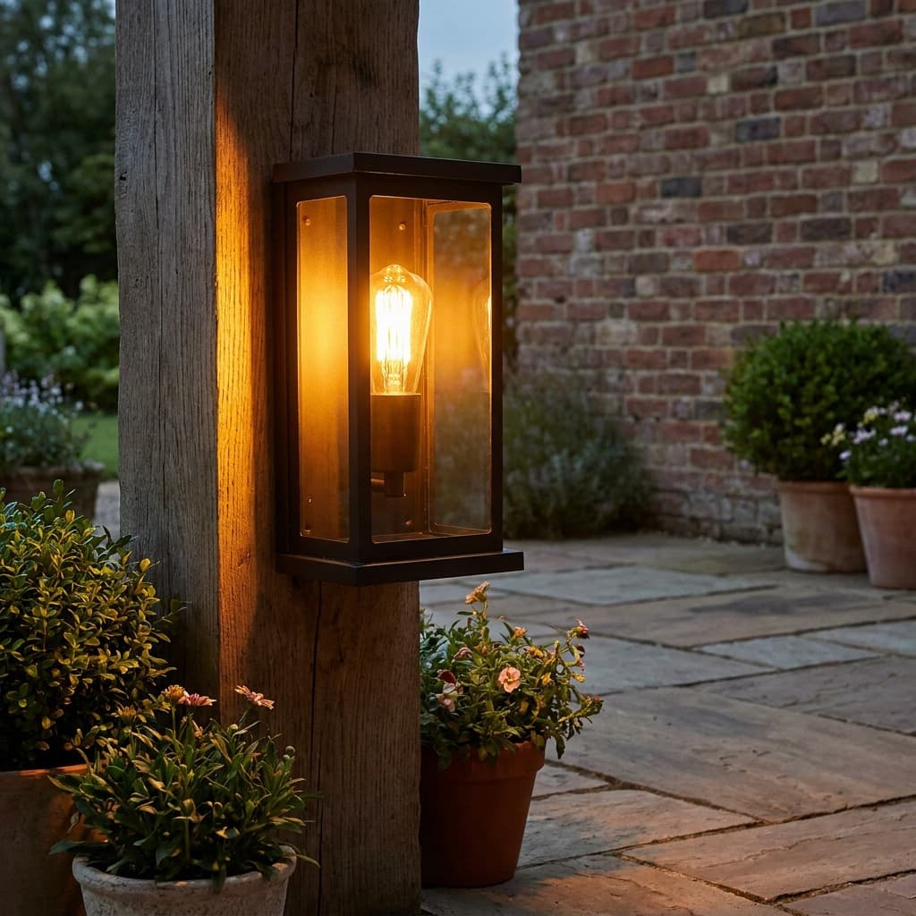 Arandela retrô vintage com três vidros, alumínio, iluminação estilo Edison, poste de madeira, decoração externa.