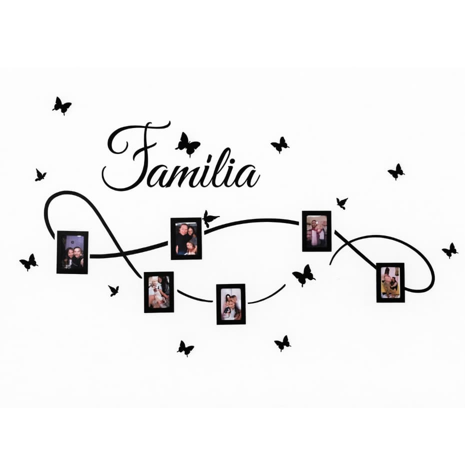 Adesivo decorativo de parede com a palavra Família e molduras para fotos em preto e branco