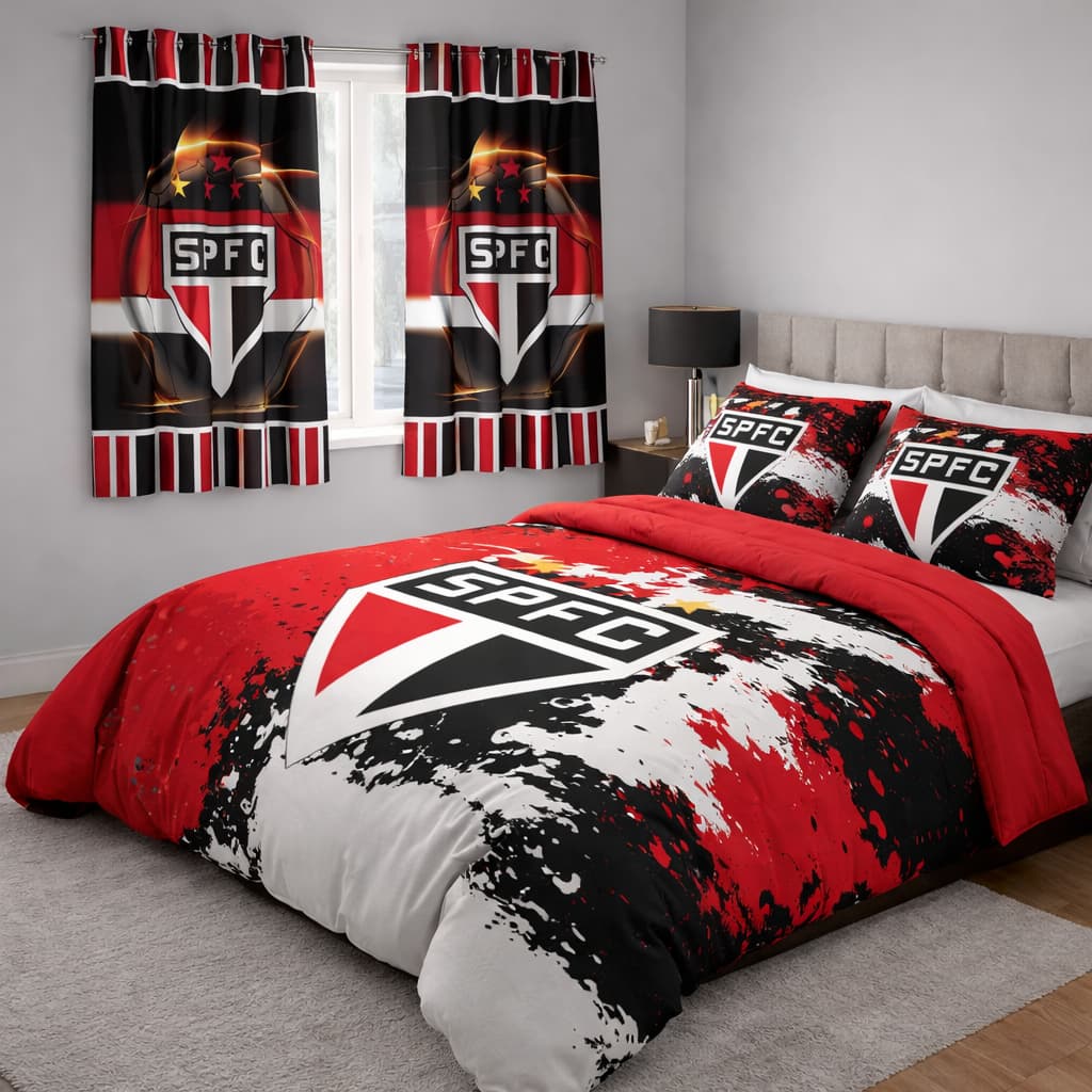 Kit Edredom SPFC Futebol com Porta Travesseiros e Cortinas