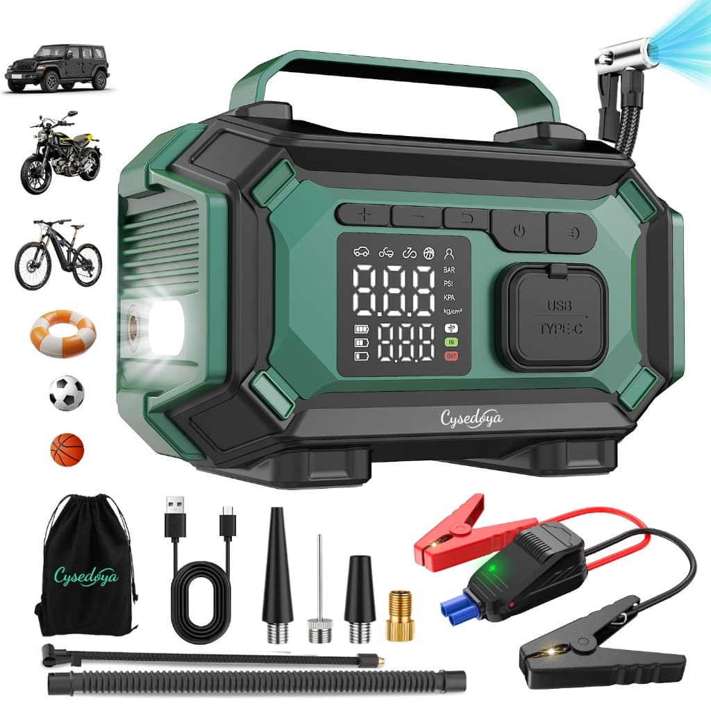 Auxiliar de Partida e Compressor de Ar Portátil para Carro 12V com Display Digital e Acessórios