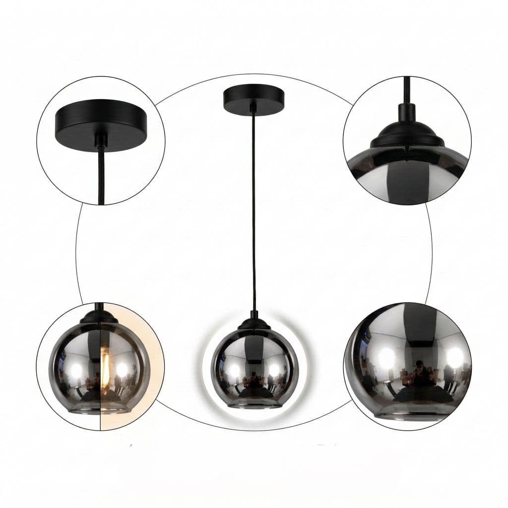 Luminária pendente de teto moderna com globo esférico espelhado fumê, quatro ângulos