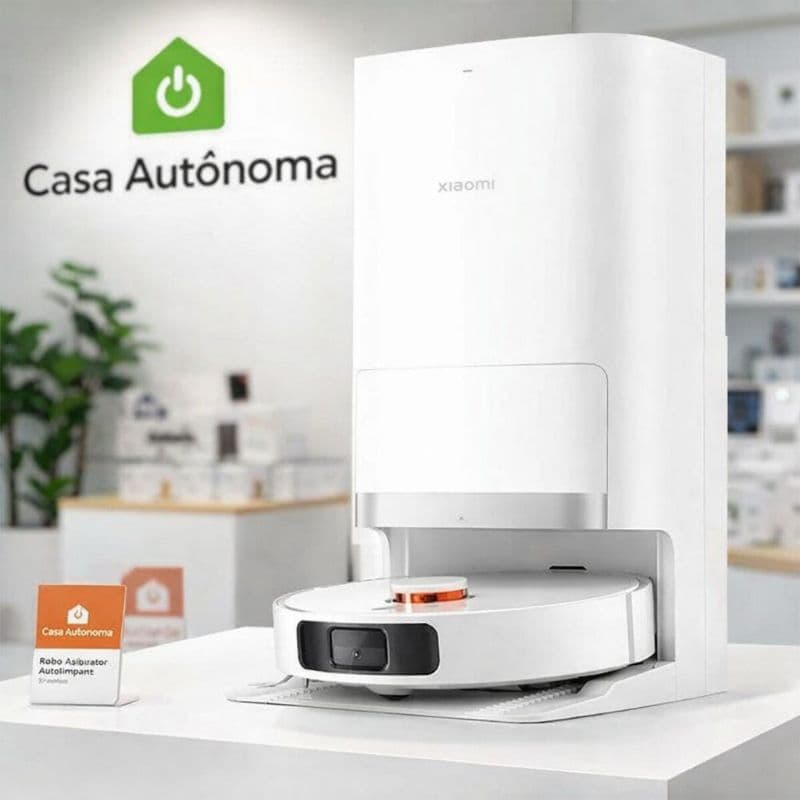 Robô aspirador Xiaomi branco com mop giratório em uma mesa, fundo com texto Casa Autônoma
