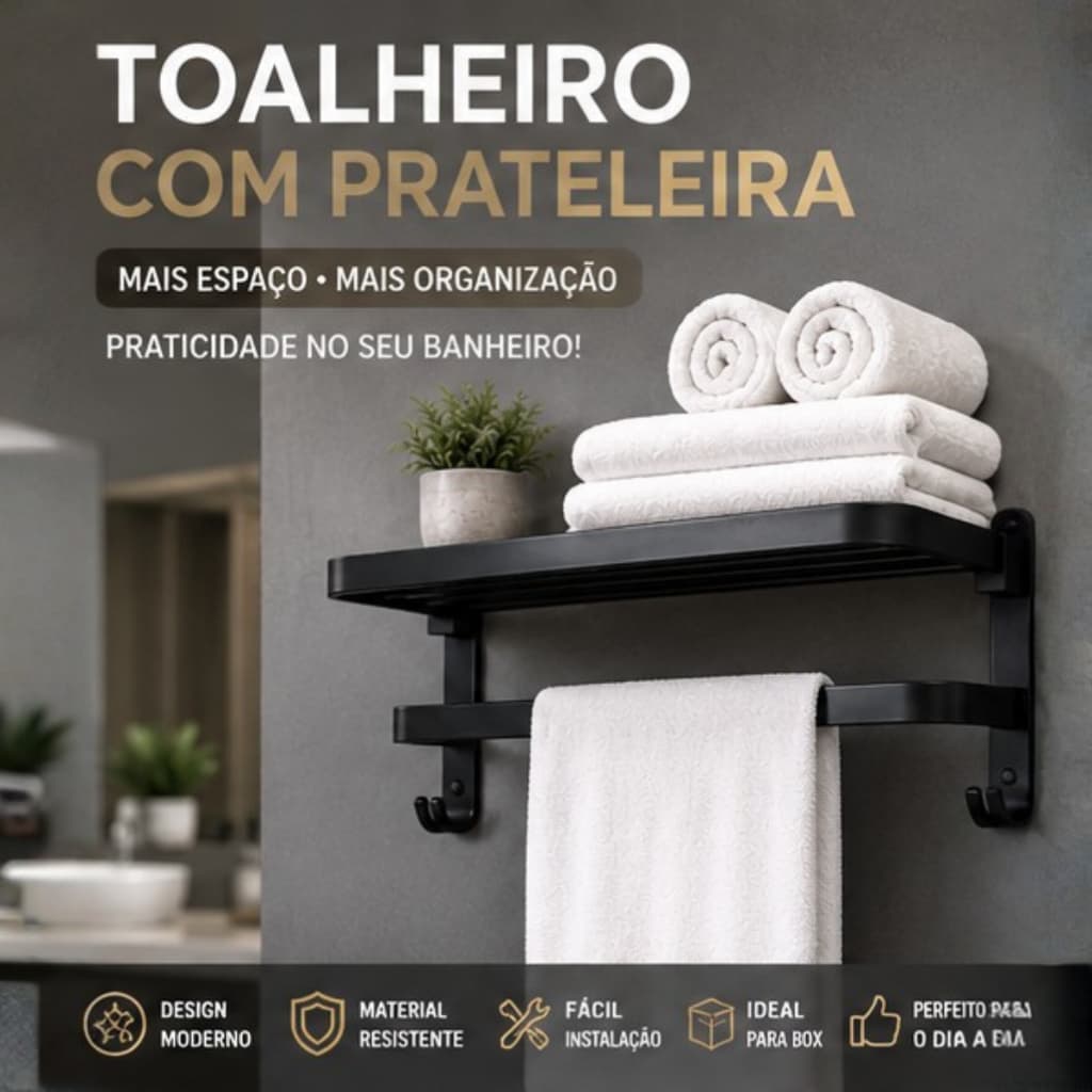 Toalheiro de parede duplo preto com prateleira para banheiro