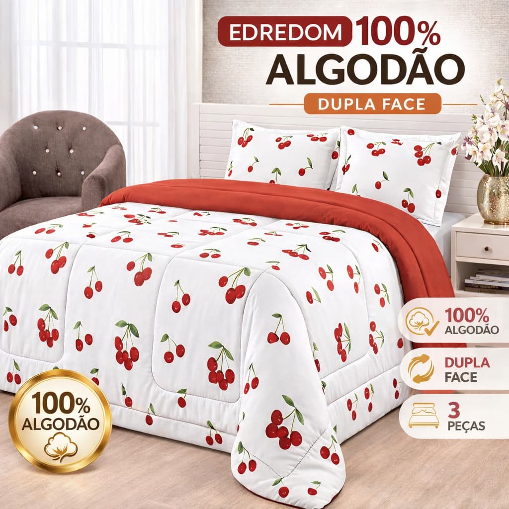 Edredom solteiro/casal/queen duplo face cerejas vermelhas 100% algodão