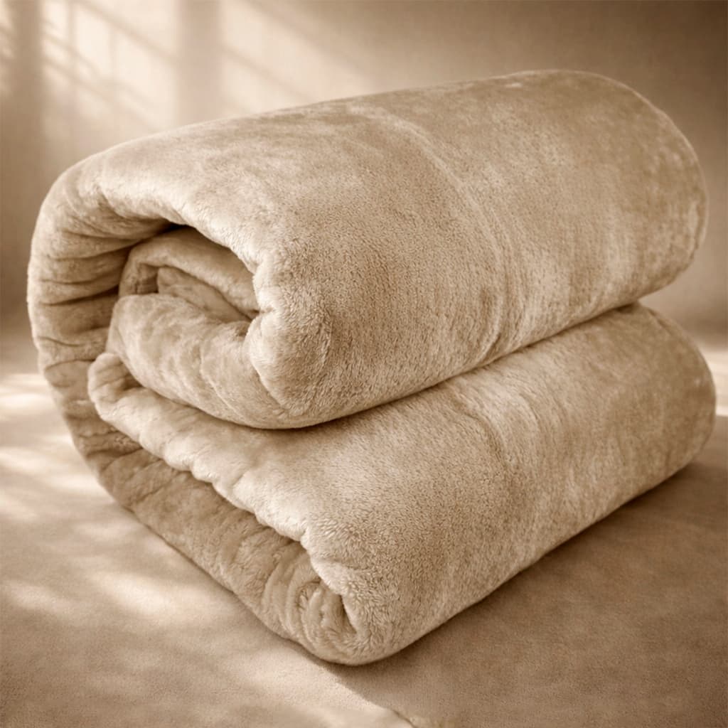 Cobertores Casal Corttex Lumini Super Soft em bege, dispostos em uma pilha sobre uma superfície clara.