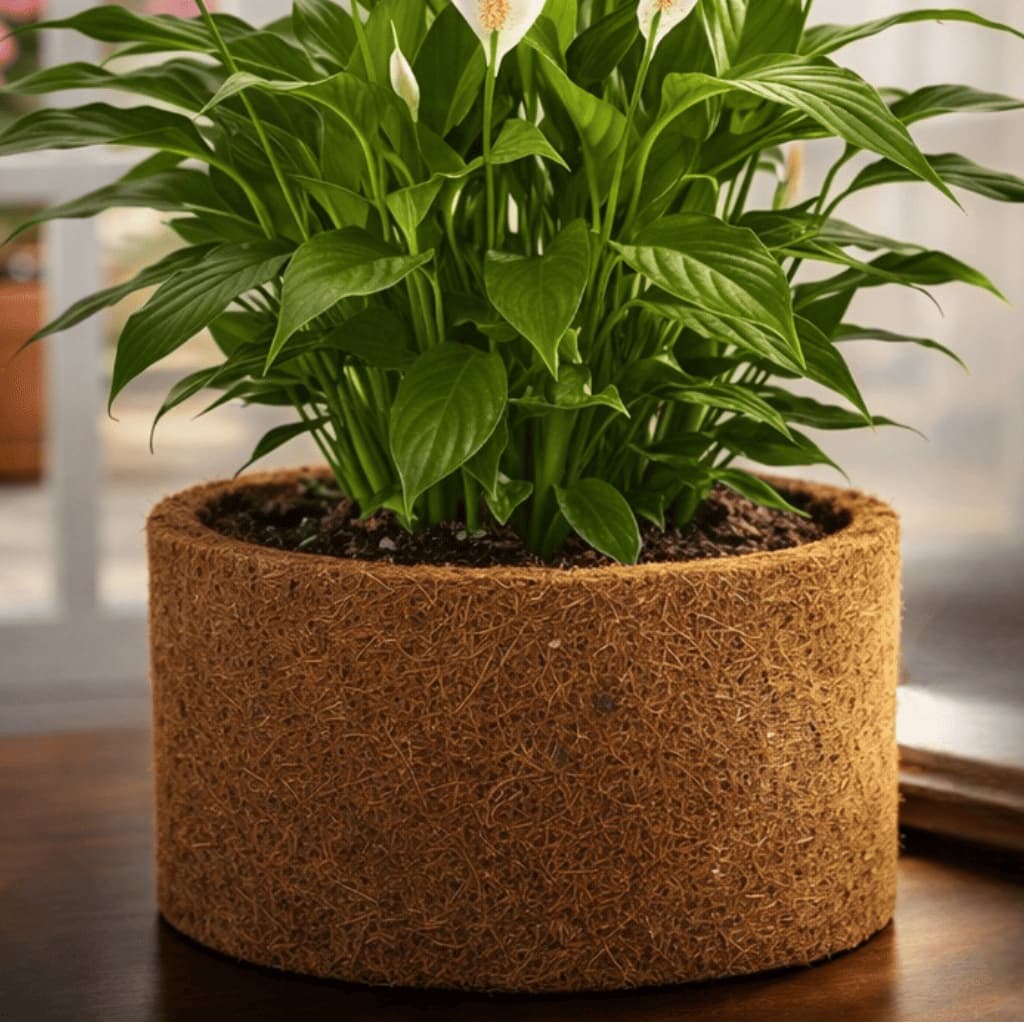 Vaso de fibra de coco marrom com planta verde e flores brancas