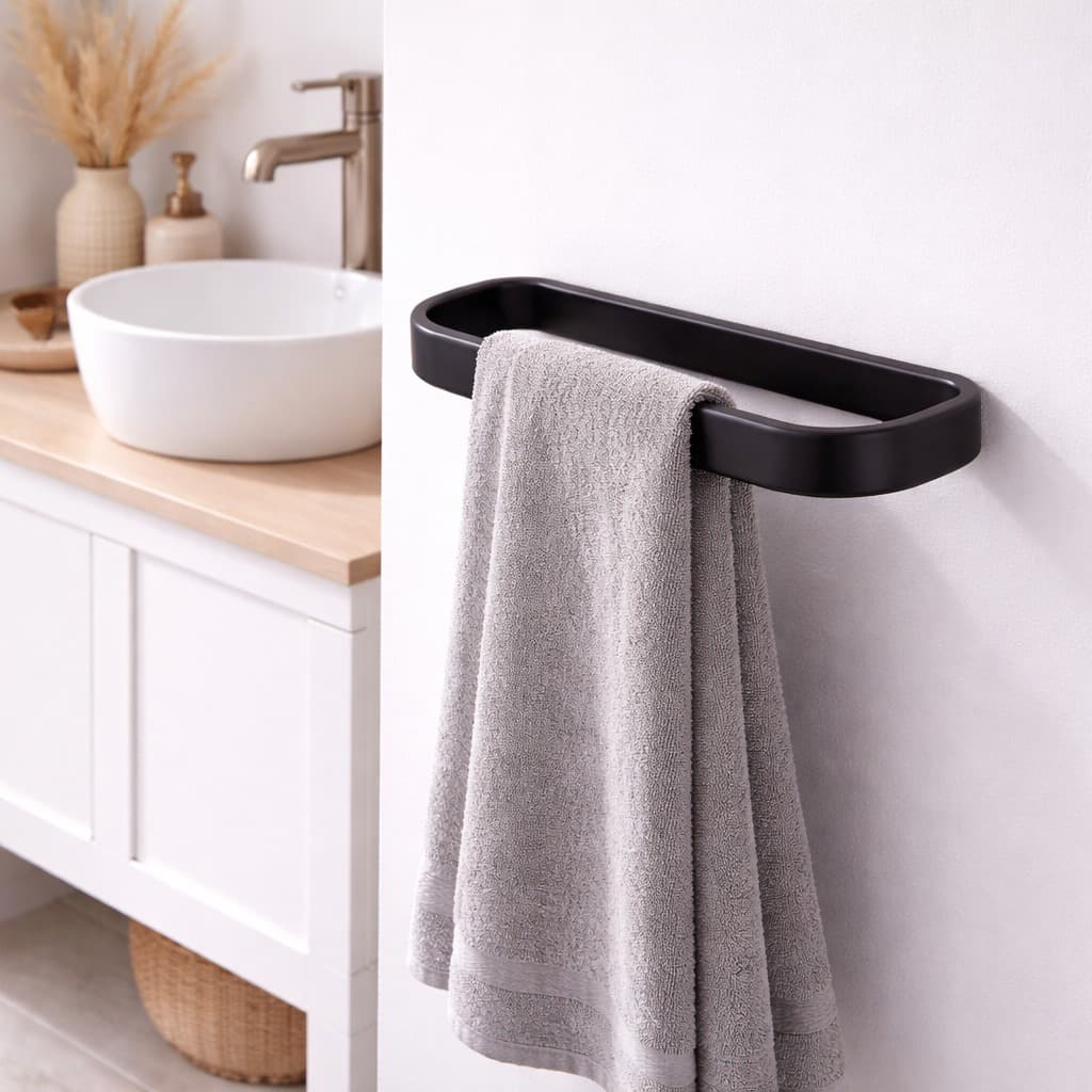 Porta toalha preto para banheiro com toalha cinza, lavabo moderno.