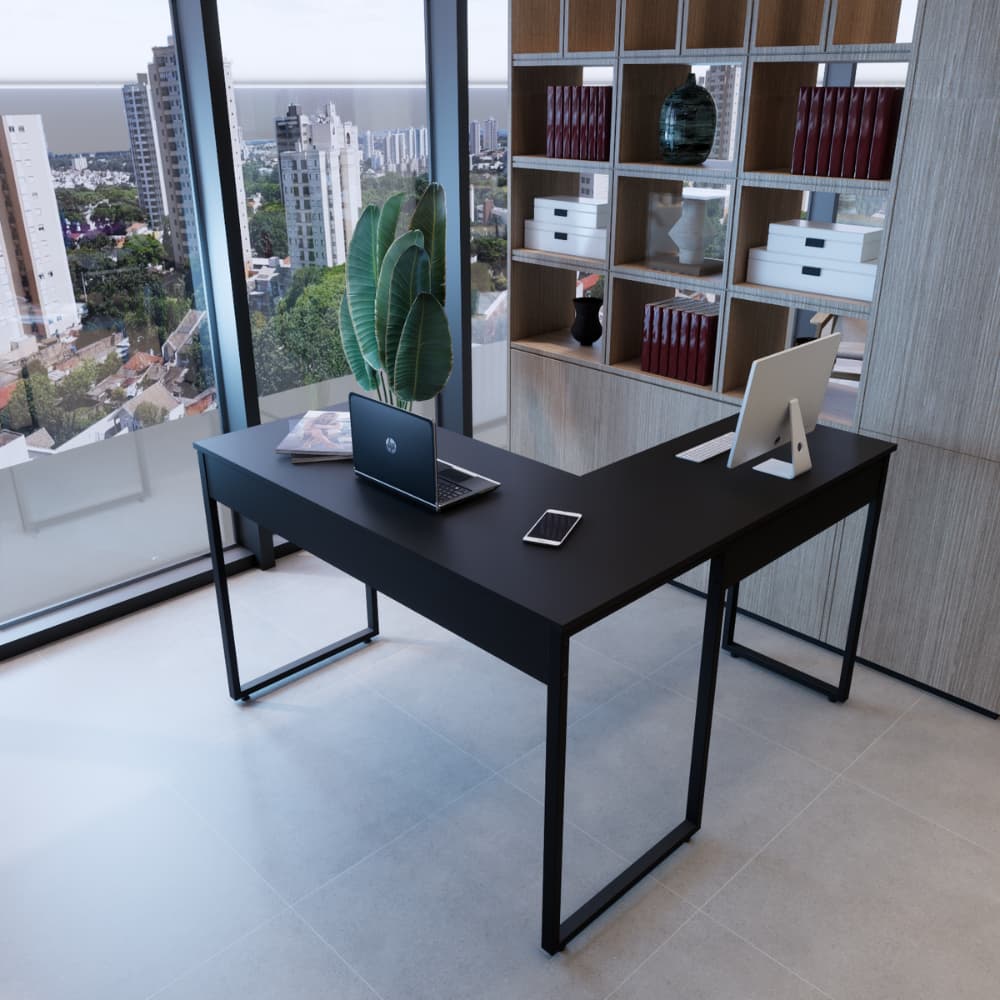 Mesa de canto em L 120cm em metal preto para escritório ou quarto