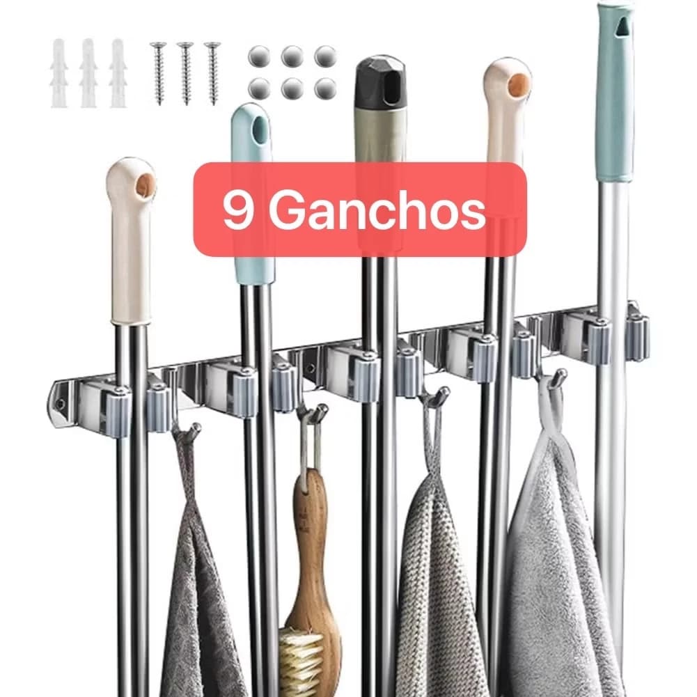Suporte de parede para vassouras com 9 ganchos em aço inoxidável