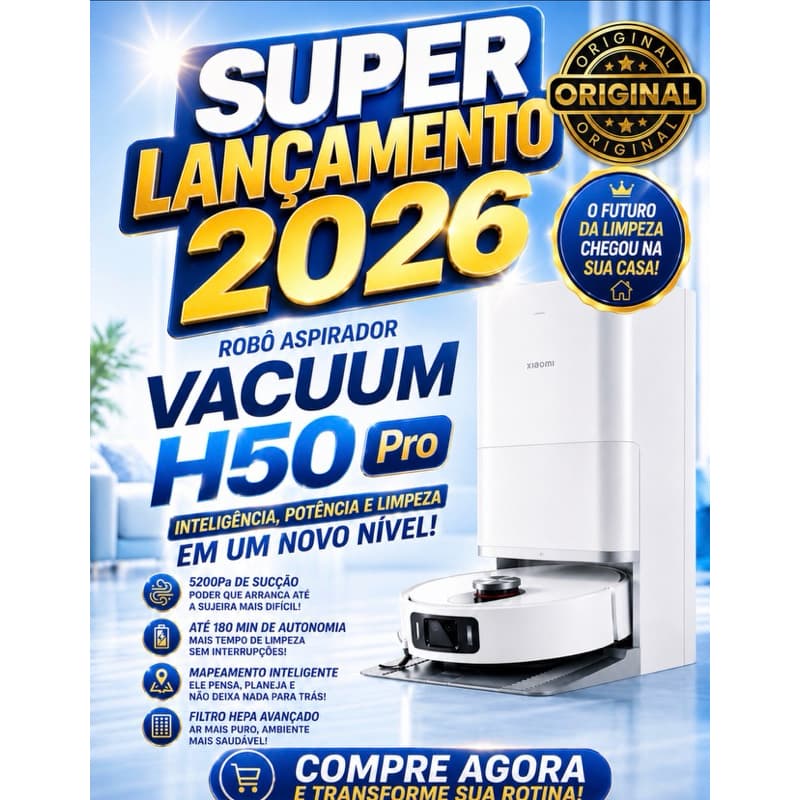 Aspirador Robô Vacuum H50 Pro com Super Lançamento 2026, potência de sucção 5200Pa, 180 min de autonomia