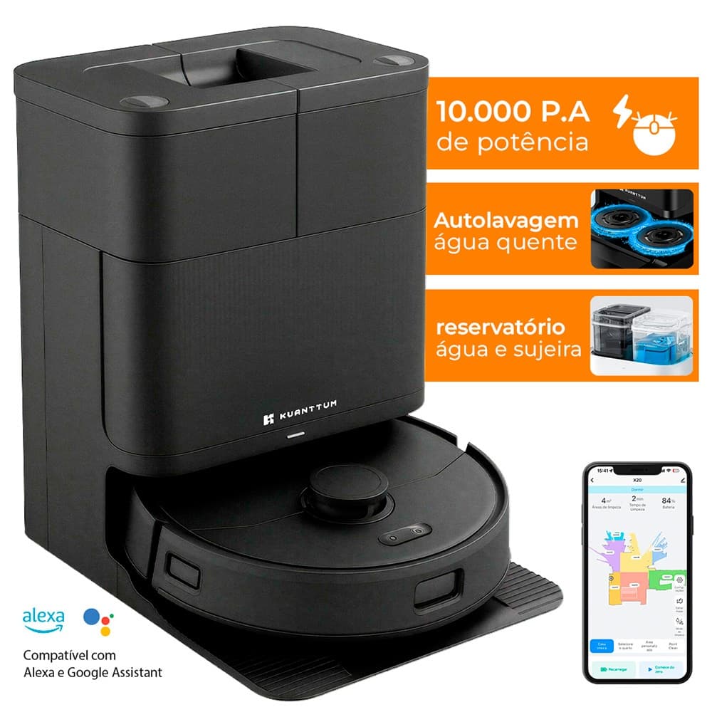Robô aspirador de pó Kuanttum X20, cor preto, com recurso de autolavagem de água quente, compatível com Alexa e Google Assistant.