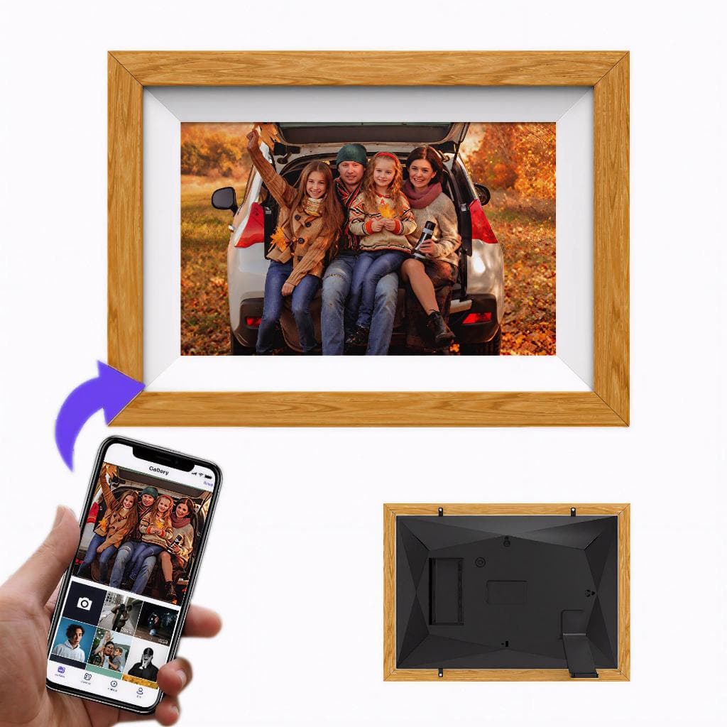 Porta-retratos digital WiFi com moldura de madeira e tela IPS de 10.1 polegadas