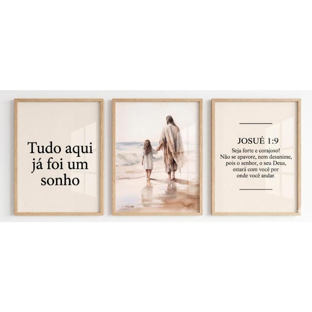 Kit 3 Quadros Decorativo Religioso com Molduras de Madeira e Vidro para Sala Quarto Hall Corredor