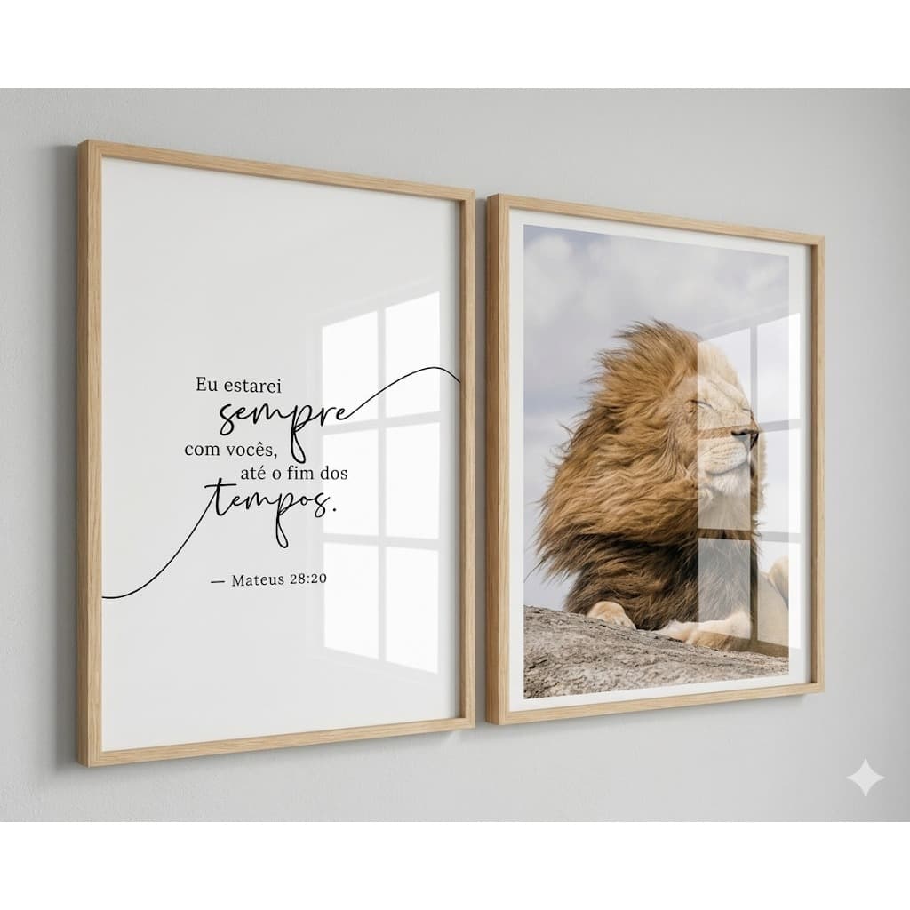 Kit 2 Quadros Decorativo com Leão e Frase Inspiradora para Sala Quarto Hall Corredor