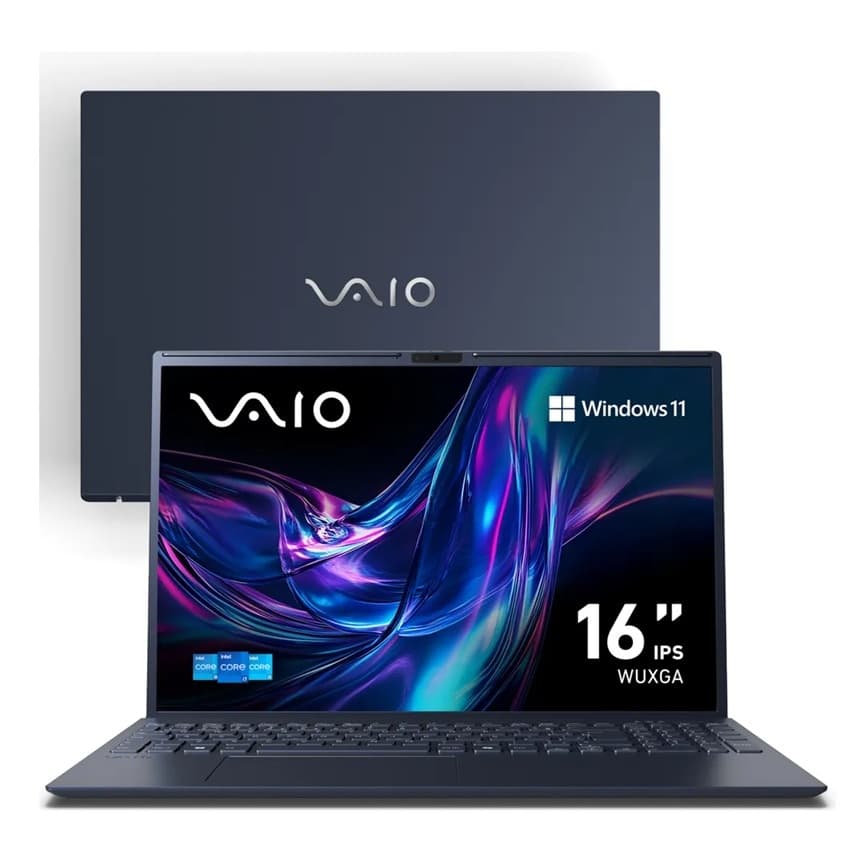 Notebook Vaio FE16 16'' WUXGA com tela aberta mostrando Windows 11, teclado preto e logotipo VAIO