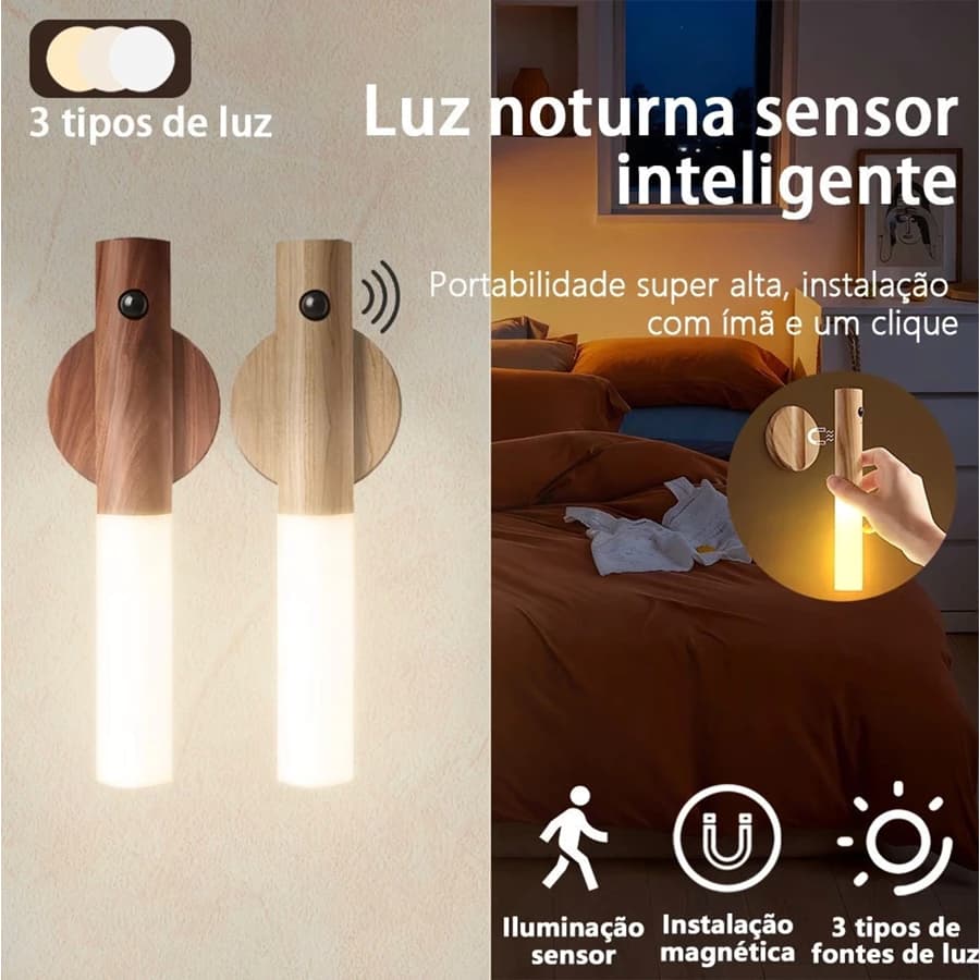 Kit 2 luminária LED recarregável sensor movimento arandela madeira minimalista