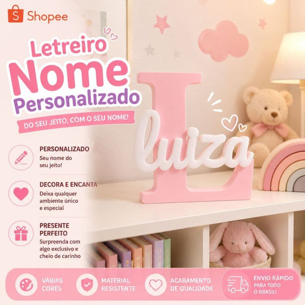 Letreiro Nome Personalizado 3D Decorativo Chá Revelação de Bebê Decor Quarto Infantil Maternidade