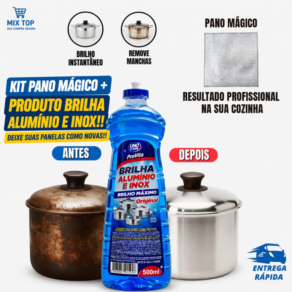 Kit Pano Mágico + Produto Brilha Alumínio e Inox 500ml - Remove Gordura e Limpa Panelas