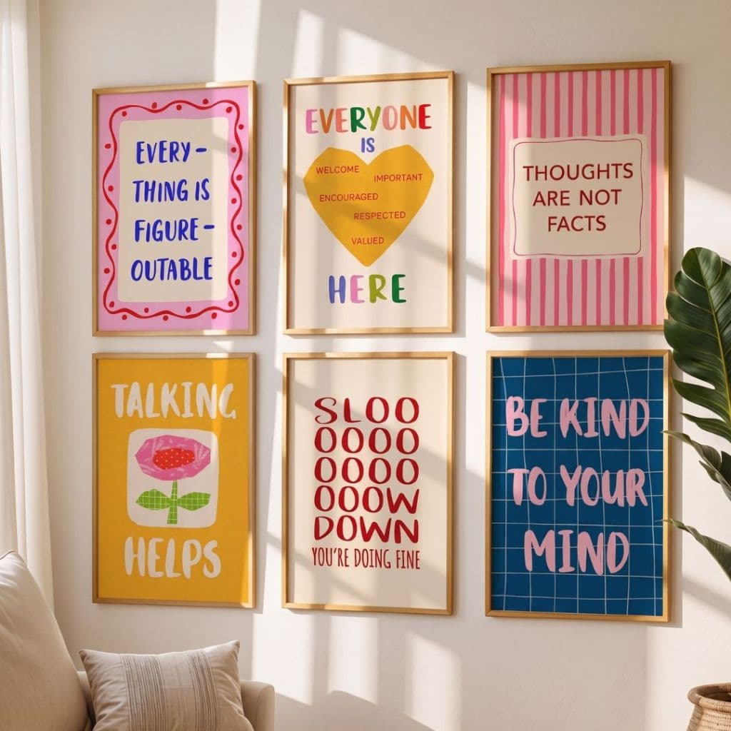 Kit 6 quadros decorativos modernos com frases motivacionais e estampas listradas