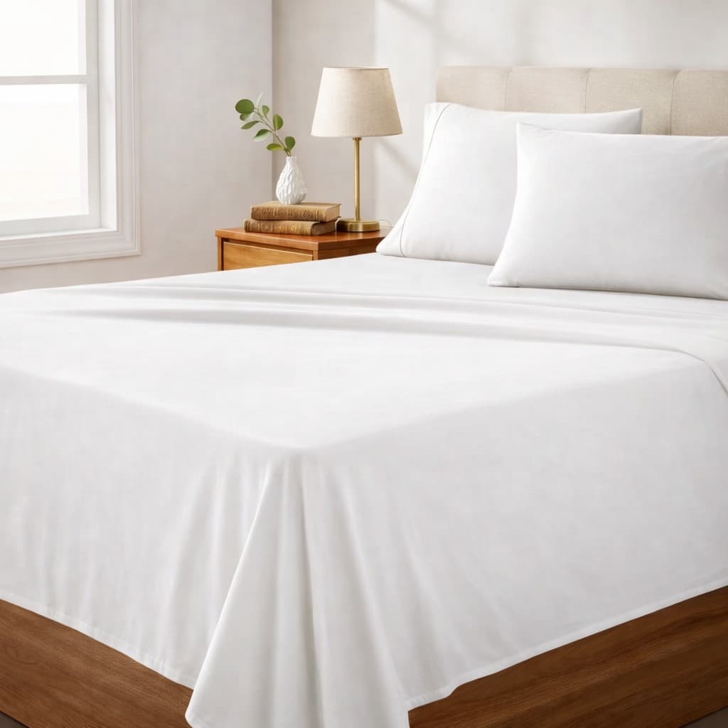 Jogo de cama branco 400 fios percal flex ultra macio em uma cama com cabeceira bege