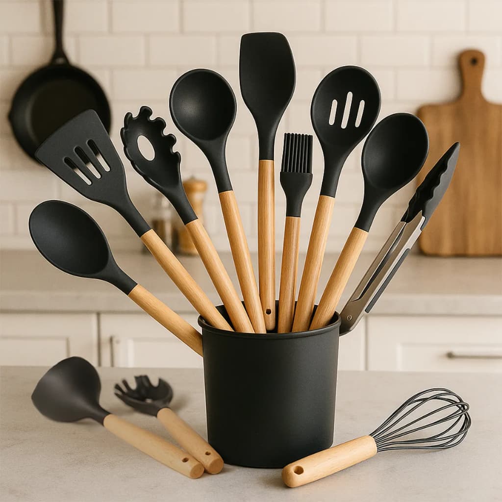 Kit Utensílios Cozinha Silicone 12 Peças Cabo Madeira Antiaderente Resistente ao Calor