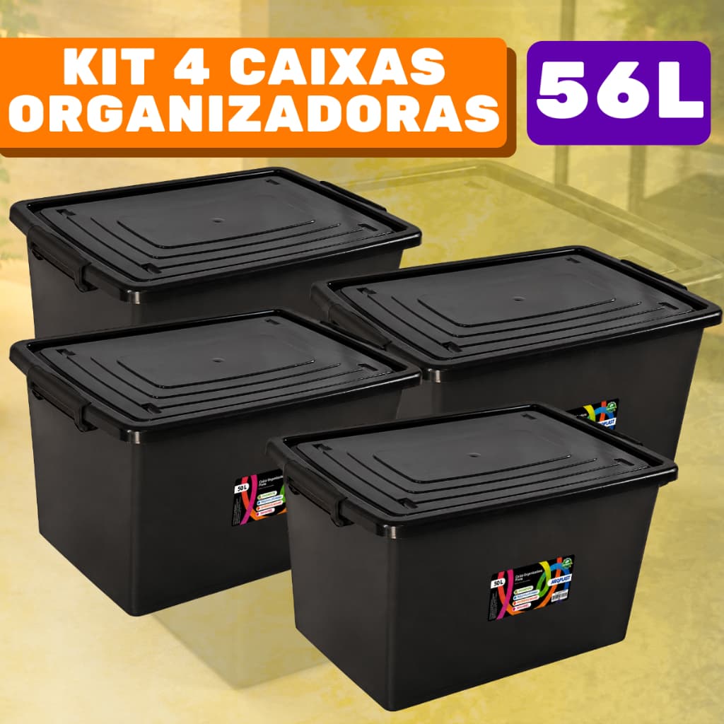 Kit 4 caixas organizadoras pretas 56L com tampas e travas