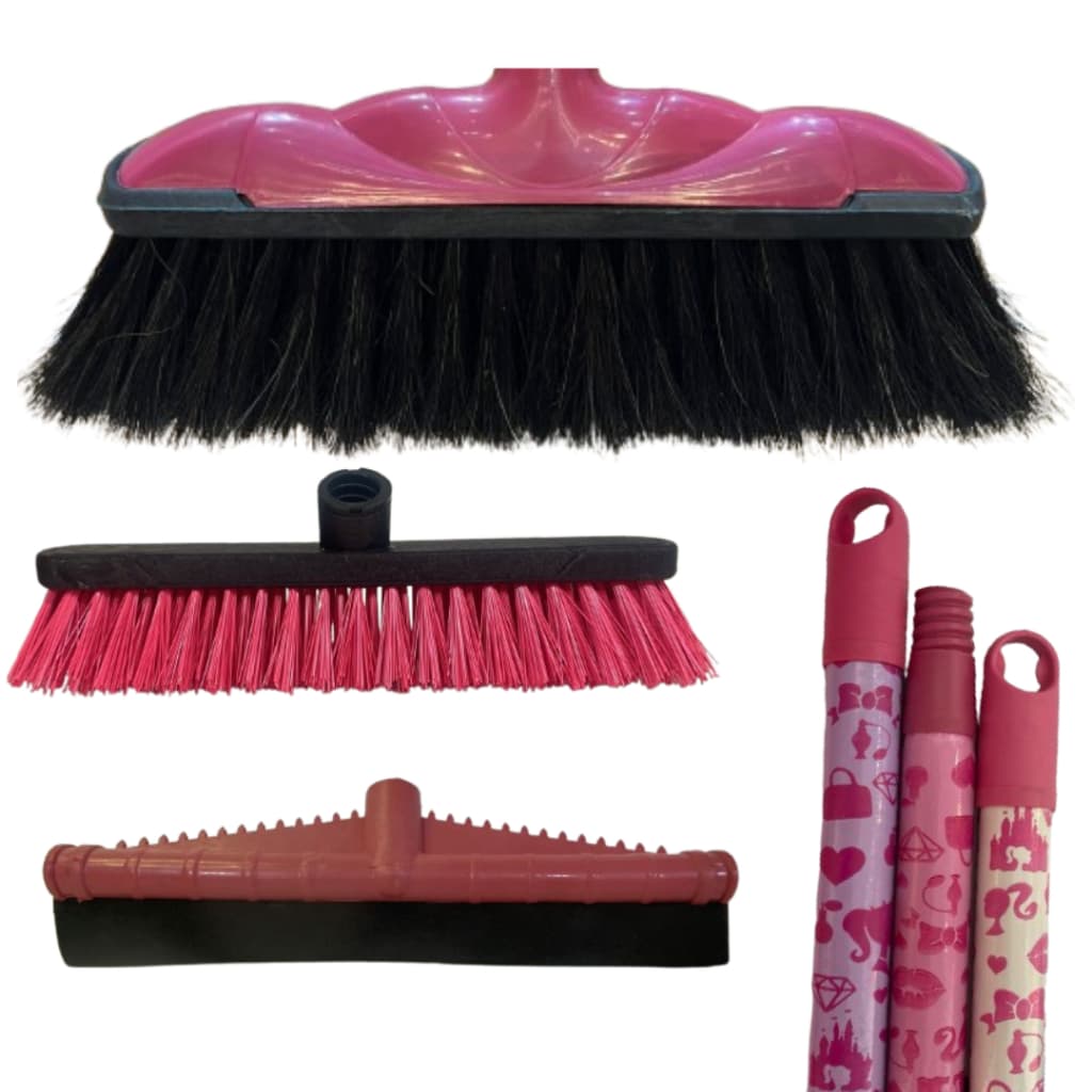 Kit de limpeza Verona Comfort Pink com vassoura, rodo e esfregões rosas