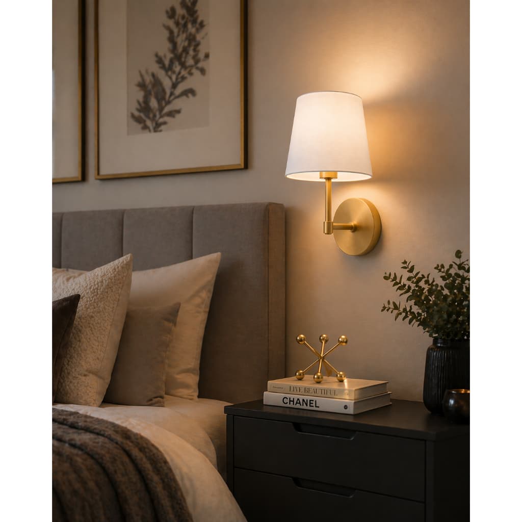 Luminária de parede branca e dourada minimalista em um quarto com cama e livros