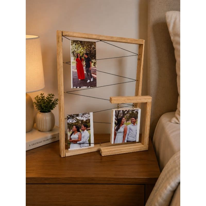 kit Porta Retrato de Madeira com Cordão Decorativo | Varal de Fotos Artesanal para Mesa e Decoração