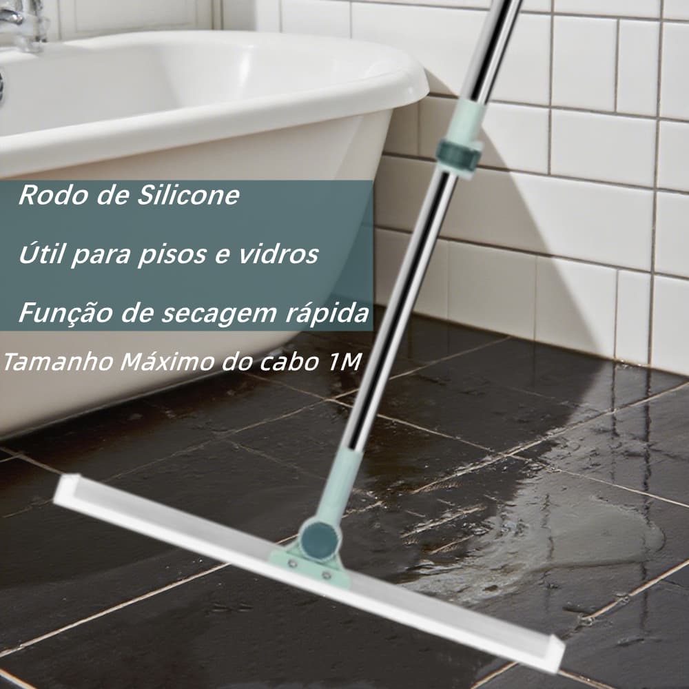 Rodo de silicone para limpeza de banheiro, ideal para pisos e vidros, com cabo ajustável.